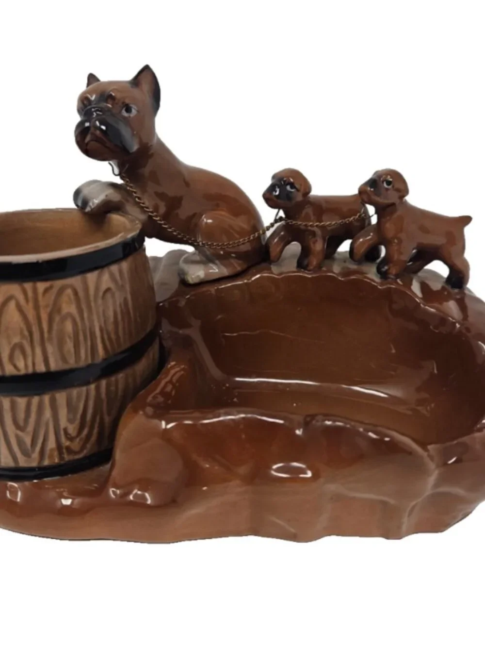 Vintage 1950s Boxer Dog Pups on Chain Figural Barrel Ashtray Bowl Chase Japan